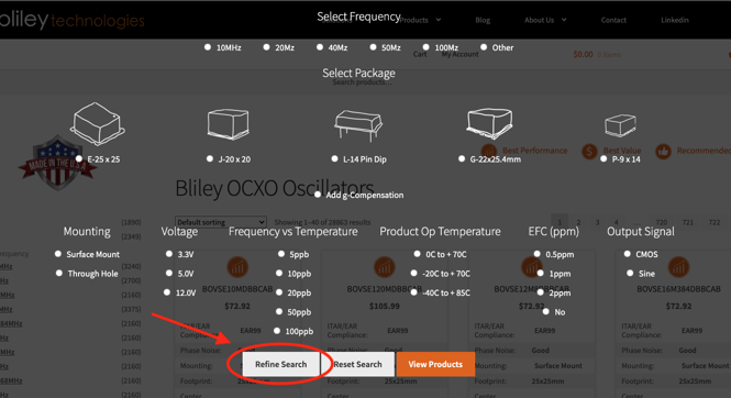 Bliley Technologies online OCXO oscillator shop main screen