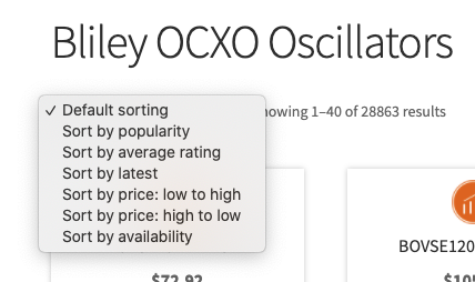 Bliley OCXO Oscillator Shop product sorting feature